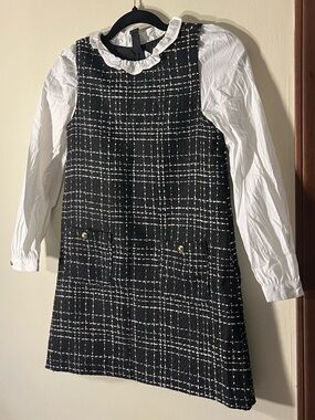 Janie and Jack Downtown Tweed Dress Pinafore with Ruffle Collar Blouse Gold